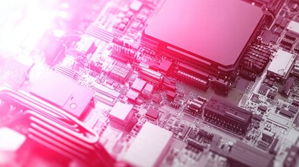 Obraz premium Close-up of a modern computer motherboard with intricate electronic components and light effect