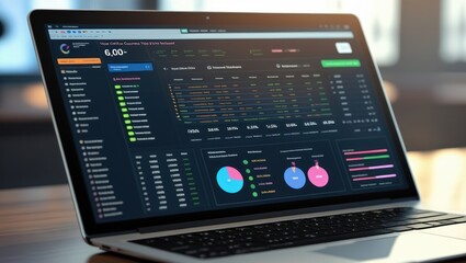 A modern laptop displays a comprehensive data dashboard with various charts, graphs, and numerical data.