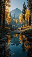 Obraz premium Autumn landscape with vibrant foliage and calm water reflecting mountains in the background