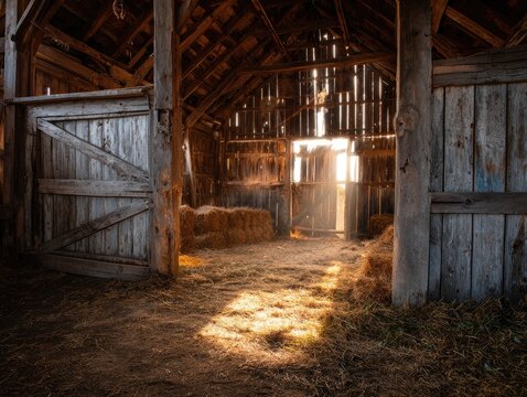 Sunbeams illuminating a rustic barn interior
