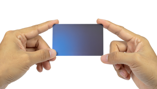 Hands Holding Credit Card with Chip and Simple Background