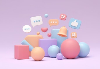 Pastel Colored 3D Rendering of Social Media Icons and Geometric Shapes Communication and Engagement Conceptual Design