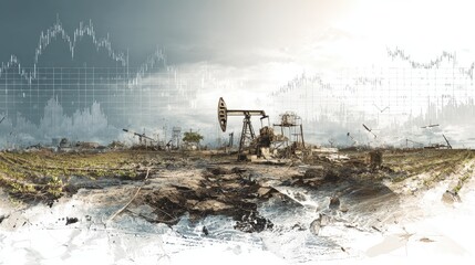 Oil rig landscape overlaid with financial data