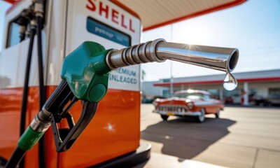 Vintage gas pump dispensing fuel. Retro fueling station