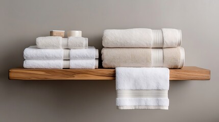 White and beige towels arranged on a floating wooden shelf-style table, minimalist bathroom with high contrast and space for branding text