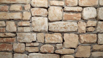 Fototapeta premium Stone wall texture made of natural beige and brown rectangular blocks arranged in rustic pattern, architectural background for design, construction, and decoration wallpaper backdrop