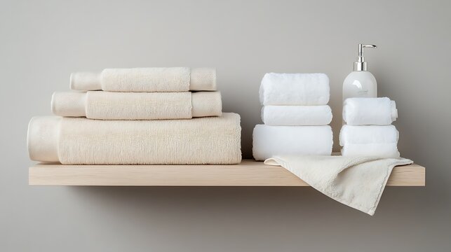 White and beige towels arranged on a floating wooden shelf-style table, minimalist bathroom with high contrast and space for branding text