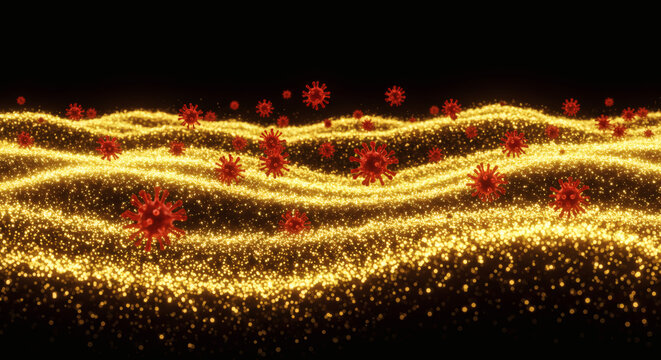 Abstract 3D Rendering Depicting Coronavirus Particles amidst a Glowing Background