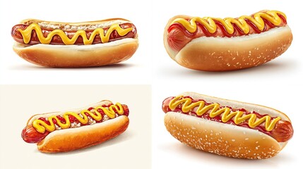 Four appetizing hot dogs, two with mustard and ketchup, two with only mustard; all nestled in soft buns, showcasing variations of toppings and bun textures against white and beige backgrounds