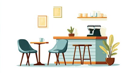 Interior design of a cozy cafe with a small table and chairs.