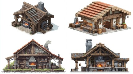 Four isometric illustrations depict rustic, medieval-style blacksmith shops, each with unique structural details, showing variations in roof design, wall materials, and forge placement