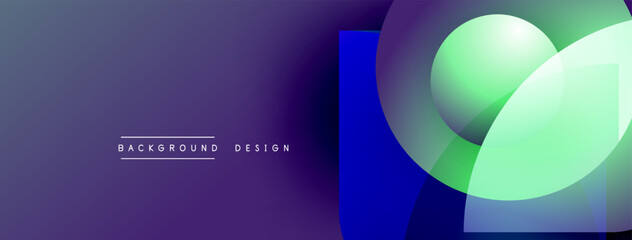 Abstract purple background features overlapping translucent shapes. Modern design elements create dynamic visual effect. Minimalist text present.