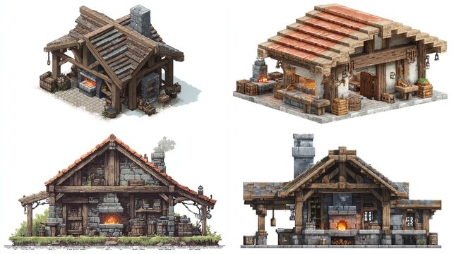 Four isometric illustrations depict rustic, medieval-style blacksmith shops, each with unique structural details, showing variations in roof design, wall materials, and forge placement - Powered by Adobe