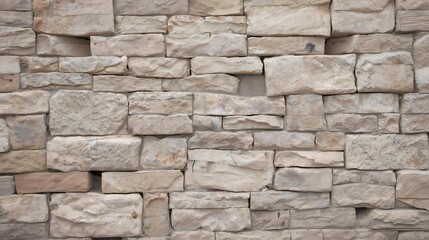 Obraz premium Stone wall texture made of natural beige and brown rectangular blocks arranged in rustic pattern, architectural background for design, construction, and decoration wallpaper backdrop