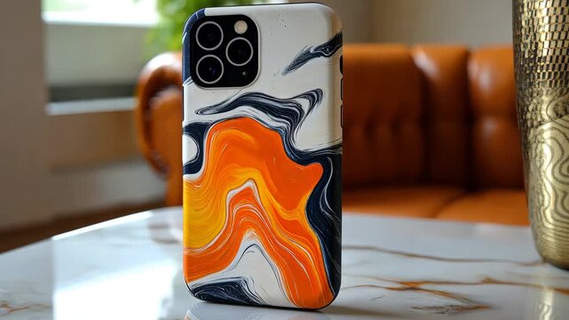 Showcasing an iPhone 11 Pro Max phone case with unique orange and black marble design