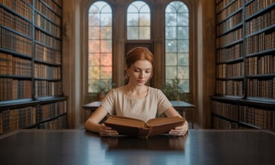 Woman reading an open book in a grand library.  Sunlight streams through large arched windows, illuminating rows of antique bookshelves