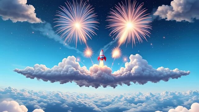 Cartoon rocket launching into a starry sky with fireworks and fluffy white clouds below it all