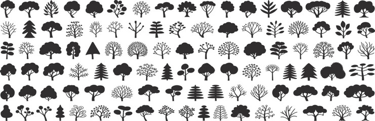 Tree silhouette icon vector set with diverse black shapes of forest, park, and garden trees for landscape planning, nature design, and ecology illustration