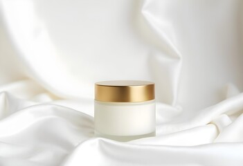 A studio shot of a jar of white cream with a gold band on a white silk background, soft diffused lighting. Mock-Up