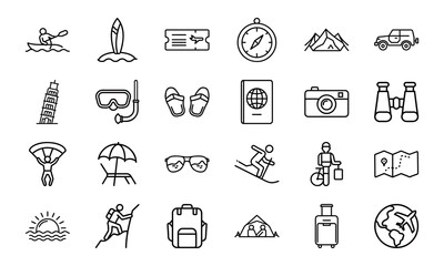Travel and Adventure Line Icons Set – Tourism, Vacation, Hiking, Camping, Airplane Ticket, Luggage, Backpack, Mountain Climbing, Surfing, Cycling, Snorkeling, Summer Holiday and Outdoor Exploration Ve