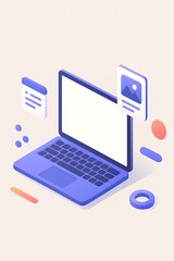 Isometric Illustration of Laptop with Digital Content in Blue and Orange