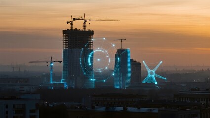 Urban skyline at dusk with futuristic holographic elements overlaying construction sites and buildings