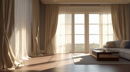 Fototapeta premium Elegant living room interior with large windows and comfortable furniture