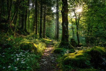 Fototapeta premium Sunlit forest path. Lush green trees and wildflowers line a rocky trail