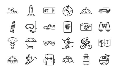Travel and Adventure Line Icons Set – Tourism, Vacation, Hiking, Camping, Airplane Ticket, Luggage, Backpack, Mountain Climbing, Surfing, Cycling, Snorkeling, Summer Holiday and Outdoor Exploration Ve