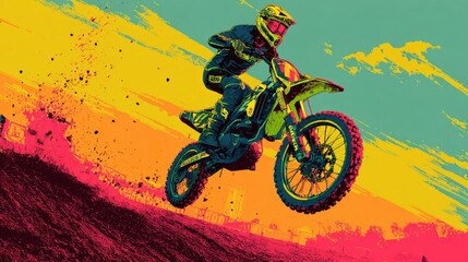 Colorful motocross rider in mid-air