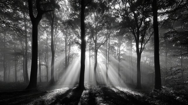 Sunbeams in a misty forest