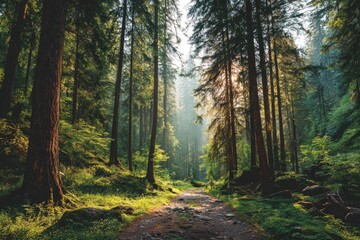 Fototapeta premium Sunlight filters through a dense forest. A path winds through the trees