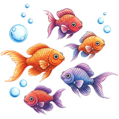 Fototapeta premium Watercolor Five multi-color fish with bubble – Cute Ocean Animal Illustration for Posters, Cards, Wall Art & Decoration