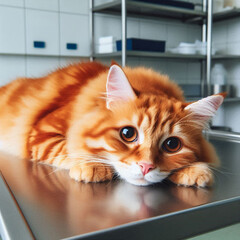 A sick orange tabby cat lying on a stainless steel examination table at a vet clinic, looking weak with droopy eyes