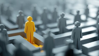 A single, distinct figure navigates a complex maze of people