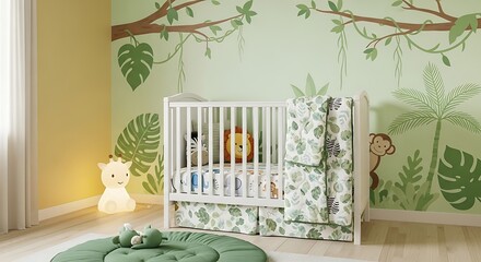 Nursery Room with Jungle Theme and Crib.