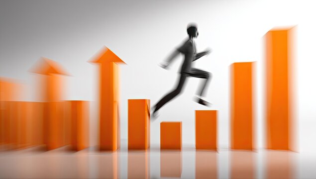 Businessman leaps over rising bar graphs