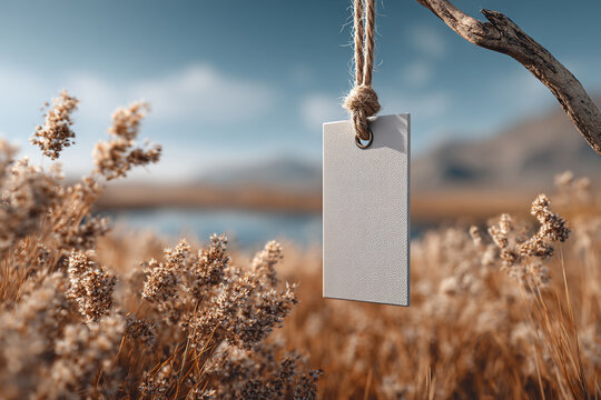 Blank white price tags with strings hanging from a tree branch against a blurred green background