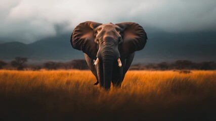 Elephant wildlife savannah tusk grassland nature animal mammal wild large majestic standing tall golden grass dramatic cloudy sky distant mountains powerful serene atmosphere safari wilderness brown