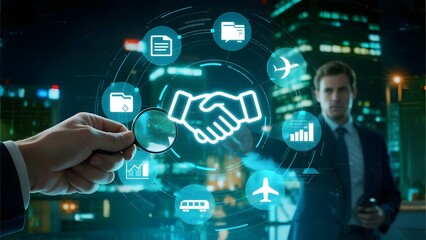 Business handshake with digital icons representing various industries and services.