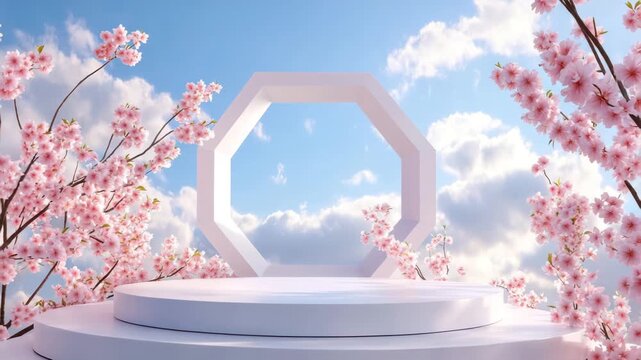 Soft pink cherry blossom branches bloom around white octagonal podium under bright blue sky, floral spring nature scene with elegant branch blossoms creating peaceful fresh atmosphere