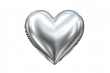 Silver metallic heart reflecting romantic feelings, gleaming against transparent backdrop, ideal for love-themed graphics and valentine's day compositions