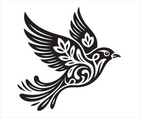 Ornate Flying Bird Design with Leaves, Abstract Bird Illustration
