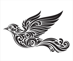 Ornate Flying Bird with Leaves in Abstract Design