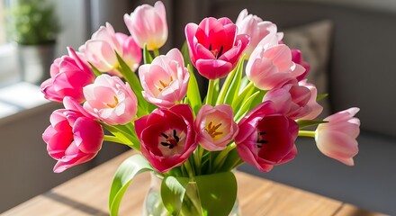 Vibrant Pink and Red Tulip Bouquet in Vase.