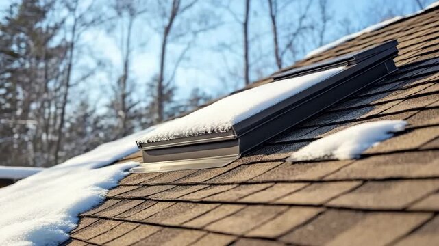 Snow on roof with skylight window and brown shingles under cold winter sunlight, outdoor building scene featuring snow covered skylight and bare trees creating calm atmosphere