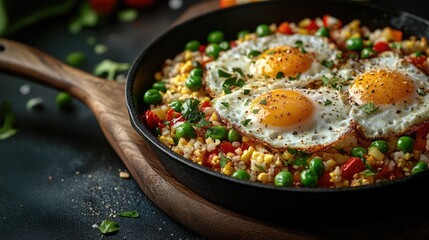 Cast iron skillet with vegetables and fried eggs, featuring a sturdy wooden handle. A colorful, appetizing dish.