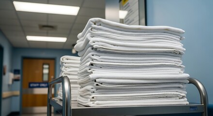 Stack of Clean White Towels on a Laundry Cart in a Hospital Hallway.