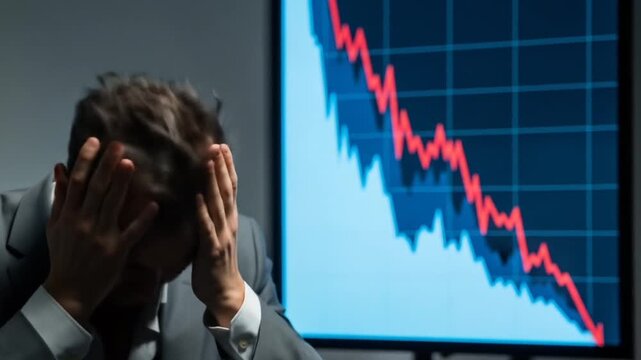 Distressed Man Gripping Head Against Red Downward Chart on Screen in Dark Room Showing Financial Loss And Market Crash