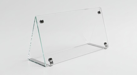 A clear acrylic angled sign holder with metal hardware on a neutral surface